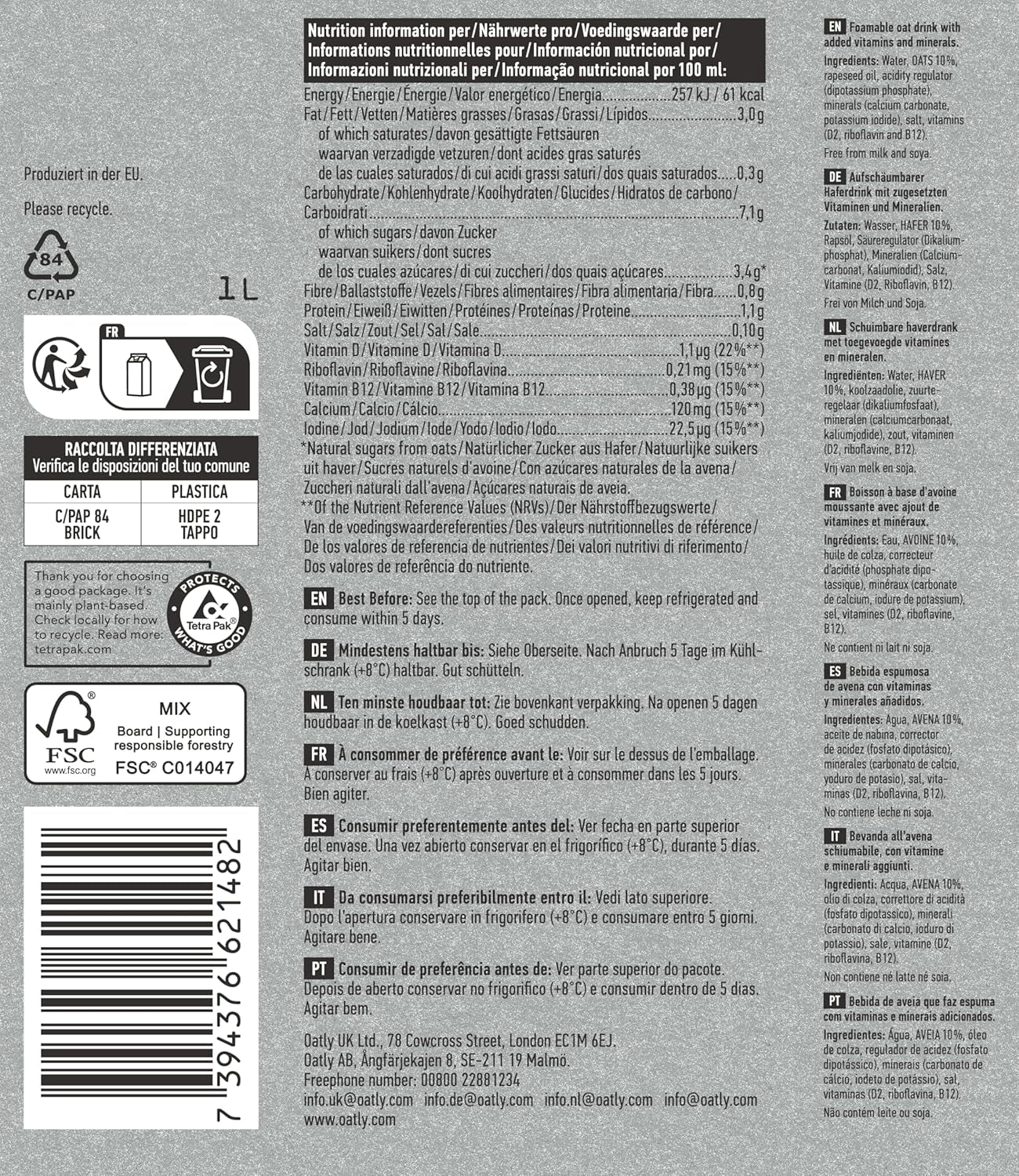 Oatly Barista Haferdrink Barista Edition, lunga durata 1 litro (confezione da 6)