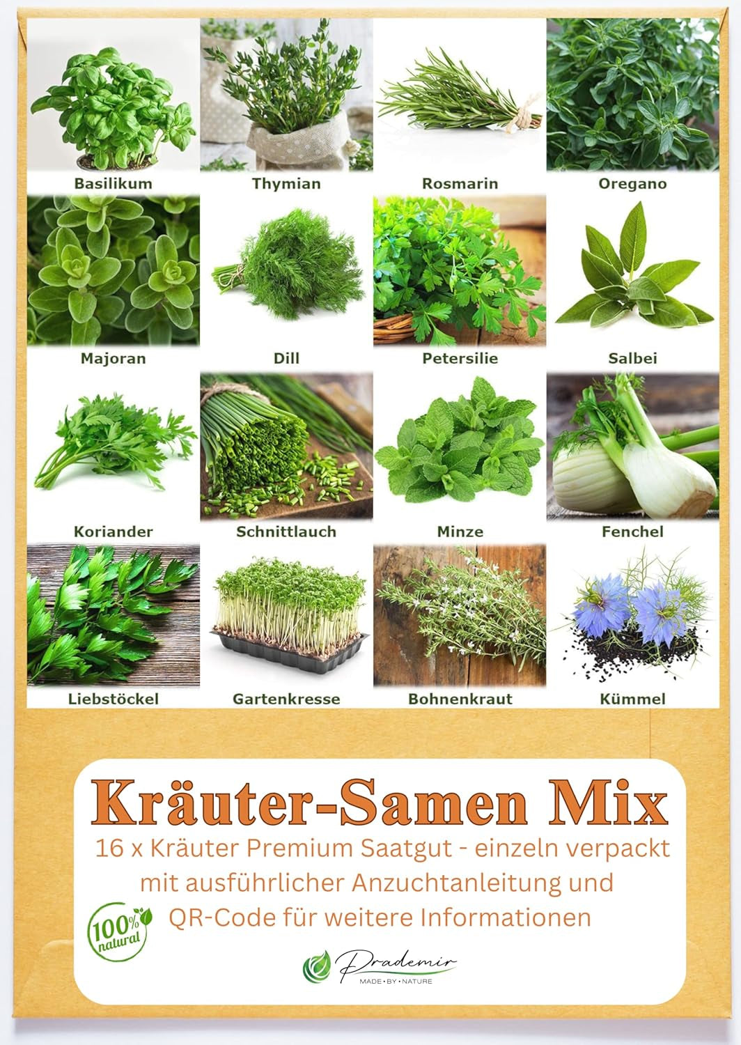 Prademir – Kräutersamen Set aus 16 beliebten Küchenkräutern – Kräuter Anzuchtset mit 100% Natursamen aus Portugal – Kräuter Saatgut aus Origano, Timo, Maggiorana, Rosmarino, Aneto, Basilico, Salvia uvm