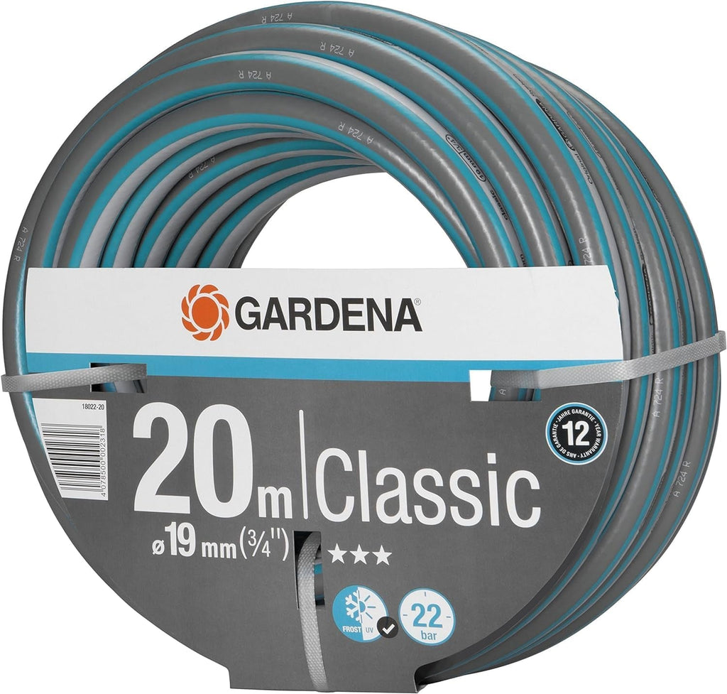 Furtun Gardena Classic 19 mm (3/4 inch), 20 m: Furtun de grădină universal fabricat din material textil robust, țesut încrucișat, presiune de spargere de 22 bar, rezistent la UV, fără componente de sistem, garanție de 12 ani (18022-20)