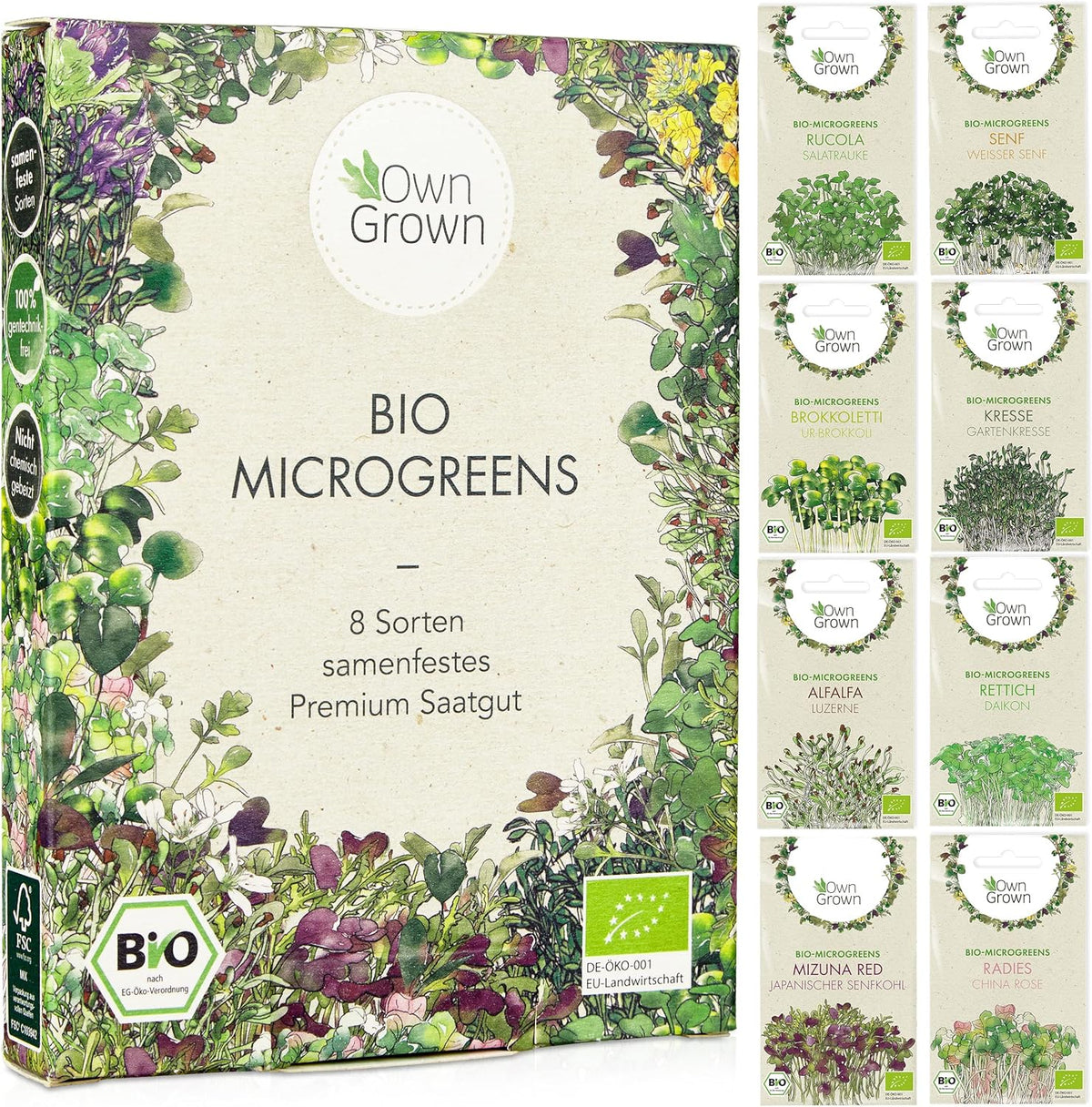 Microgreens Samen Set Von Owngrown - 8 Sorten BIO Sprossen Und Mikrogrün Saatgut Im Microgreens Starter Set - Alfalfa, Rucola, Kresse Für Kresse Anzuchtschalen Uvm - Sprossen Samen