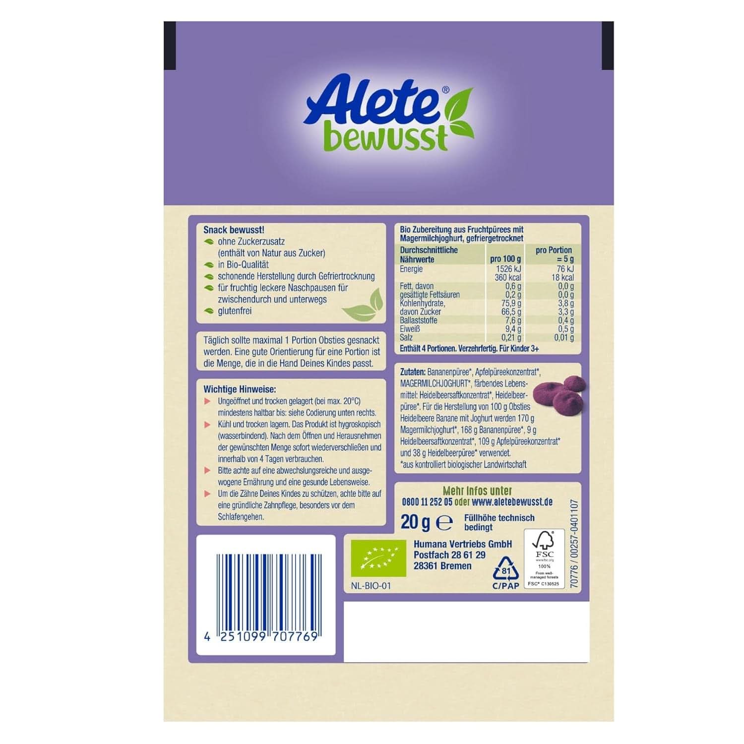Altri Bewusst Obsties, Mirtillo e Banana con Yogurt, Dai 3 anni, chips di frutta biologica liofilizzata, 20 grammi Mamma e Bambino Naty Shop