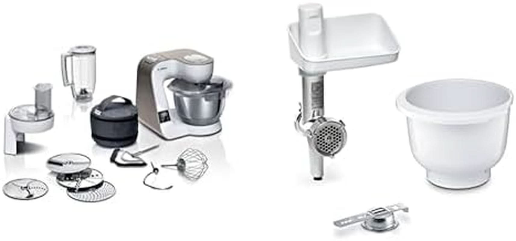 Robot da cucina Bosch Serie 4 MUM5X720, bilancia integrata, ciotola in acciaio inossidabile 3,9 L, mixer 1,25 L, 1000 W Accessori Alimentazione e allattamento Baby Naty Shop Bundle con Bakingsensation White Champagne 2 accessori