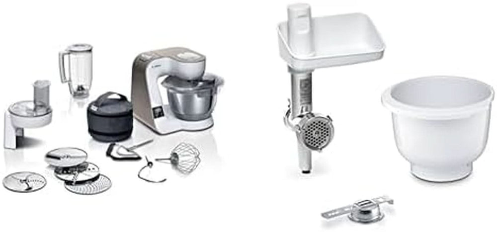 Robot da cucina Bosch Serie 4 MUM5X720, bilancia integrata, ciotola in acciaio inossidabile 3,9 L, mixer 1,25 L, 1000 W Accessori Alimentazione e allattamento Baby Naty Shop Bundle con Bakingsensation White Champagne 2 accessori