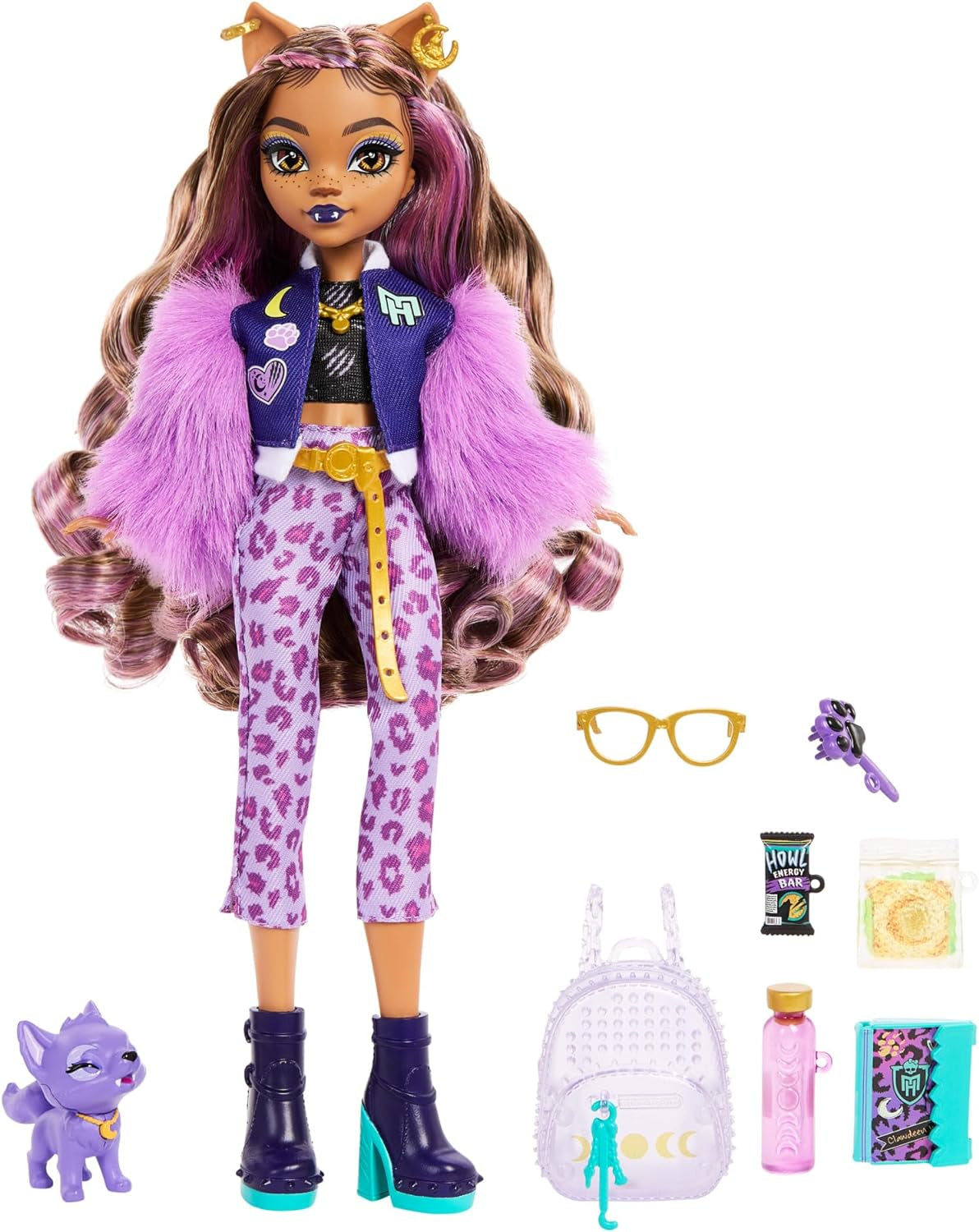 Păpușa Monster High Clawdeen Wolf cu cățeluș Crescent și accesorii precum ghiozdan, calendar, gustări și multe altele, HRP65