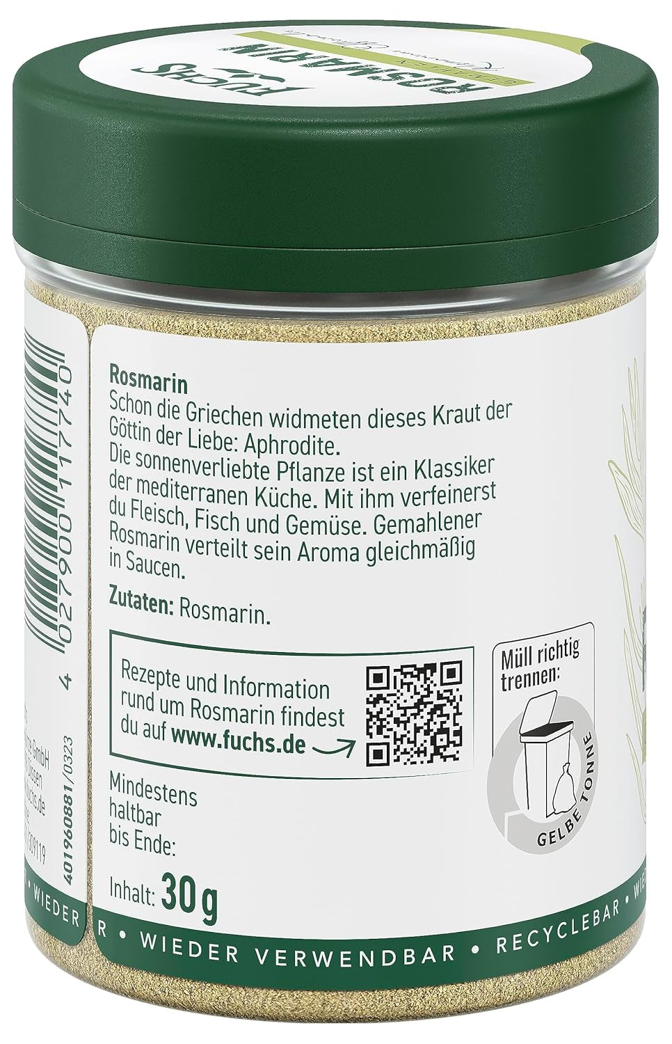 Fuchs Gewürze - Rosmarin gemahlen - zum Würzen von Fisch, Fleisch und Gemüse - ingredienti naturali - 30 g in wiederverwendbarer, recyclebarer Dose