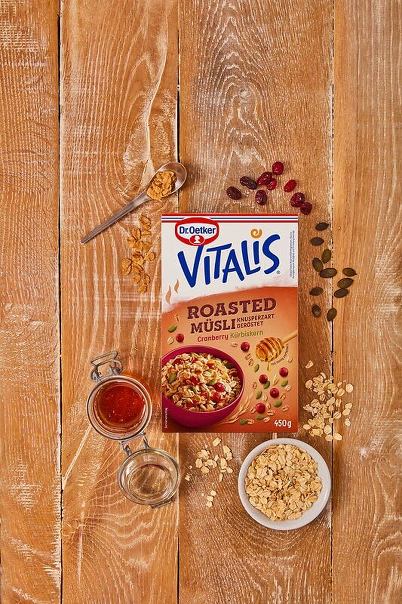 Dr. Oetker Vitalis Muesli Tostato con Mirtilli Rossi e Semi di Zucca: Muesli Tostato con Mirtilli Rossi Secchi, Confezione da 8 (8 x 501g)