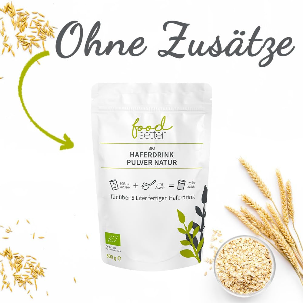 foodsetter Bio Haferdrink Pulver | Busta da 500 g | Haferpulver | Haferpulver istantaneo | Bio-Qualità | Vegano | Senza glutine | Ohne Zuckerzusatz | 0,5 chilogrammi