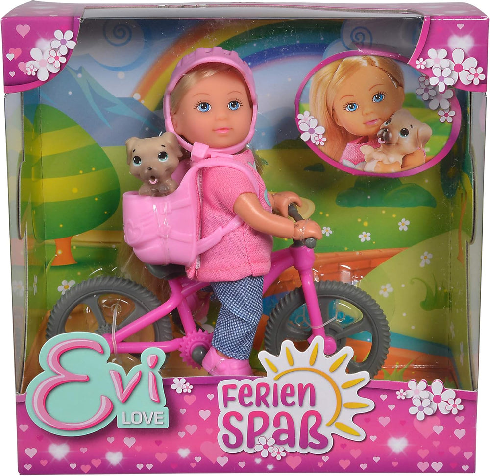 Simba 105733273 - Evi Love Bicicletă Distractiv de Vacanță, Păpușă cu Bicicletă, Câine și Rucsac, Păpușă de Modă, 12 cm, pentru copii cu vârsta de 3 ani și peste
