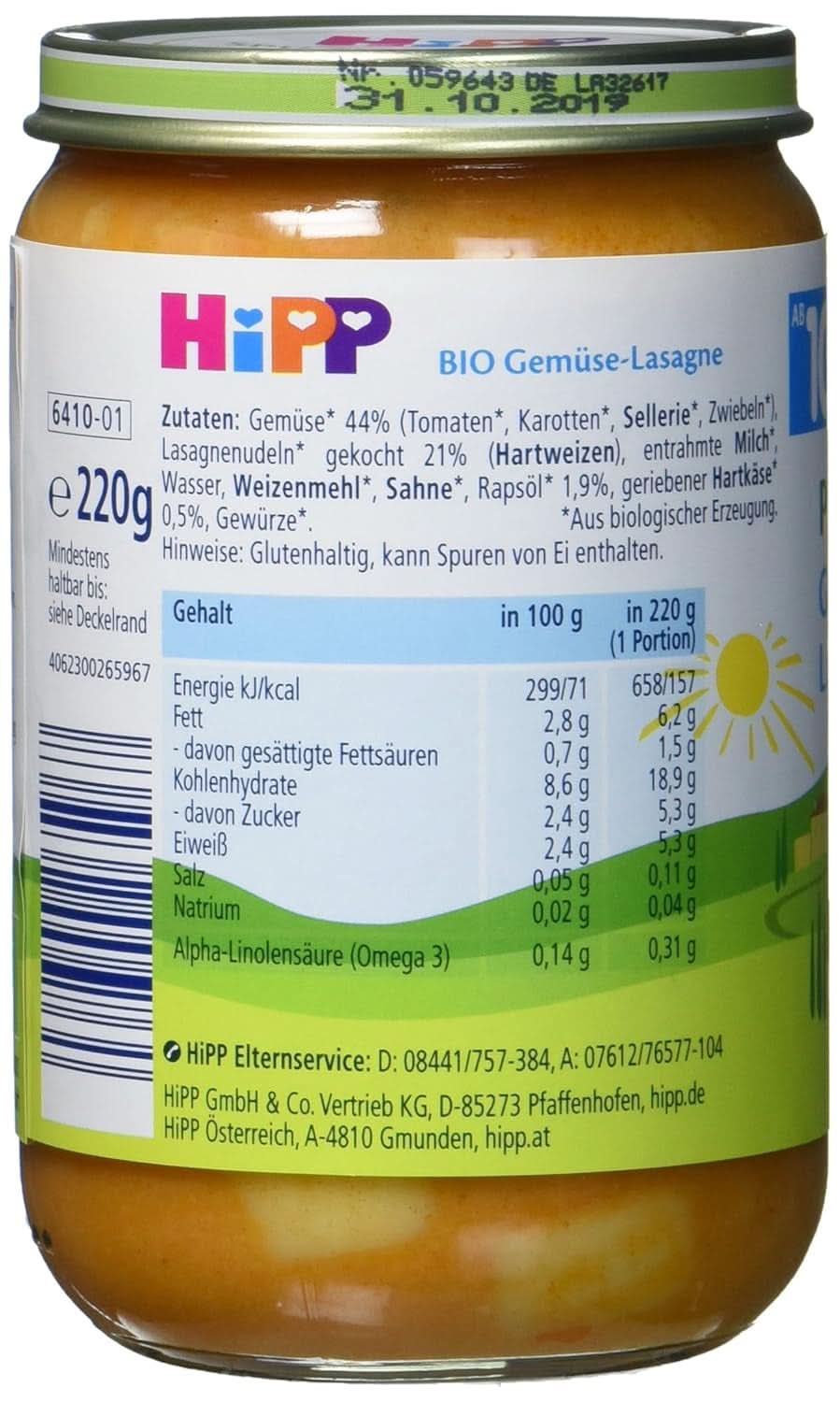 Hipp Pasta Bambini - Lasagne alle verdure, conf. da 6 (6 X 220 g) Mamma e Bambino Naty Shop