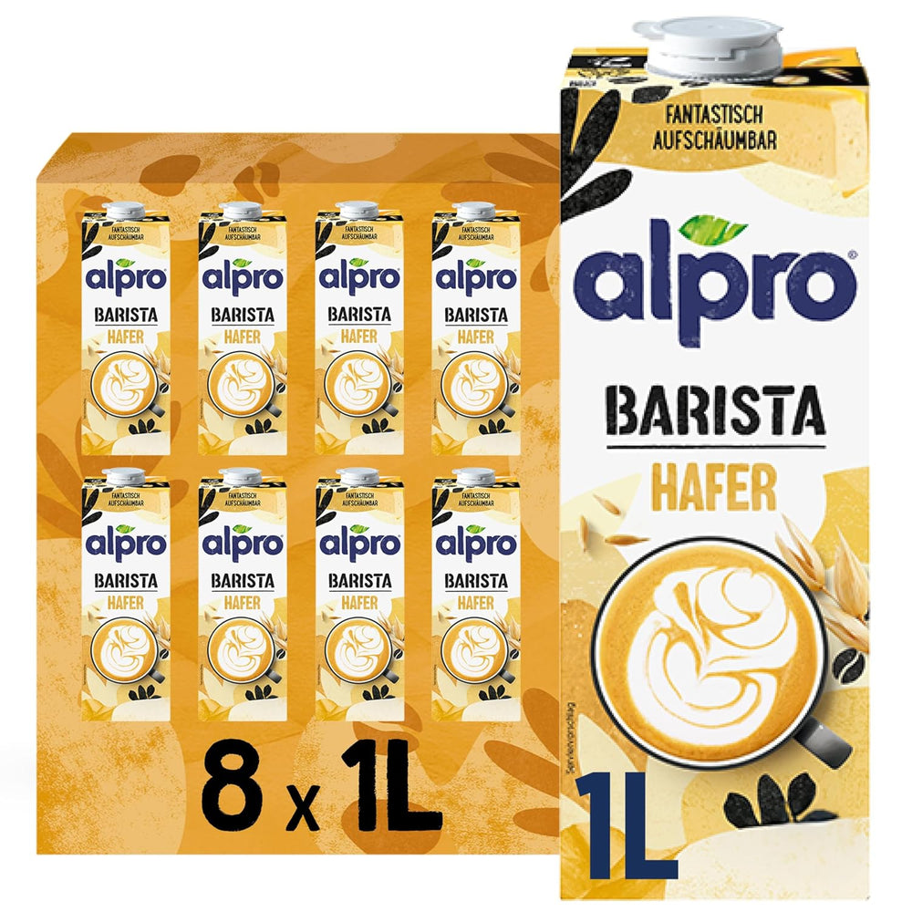 Alpro Barista Haferdrink – Zum Aufschäumen – Vegan und milchfrei – Von Natur aus lactosefrei – Rich an Ballaststoffen, Calcium und Vitaminen – 8 x 1 L – Haltbar