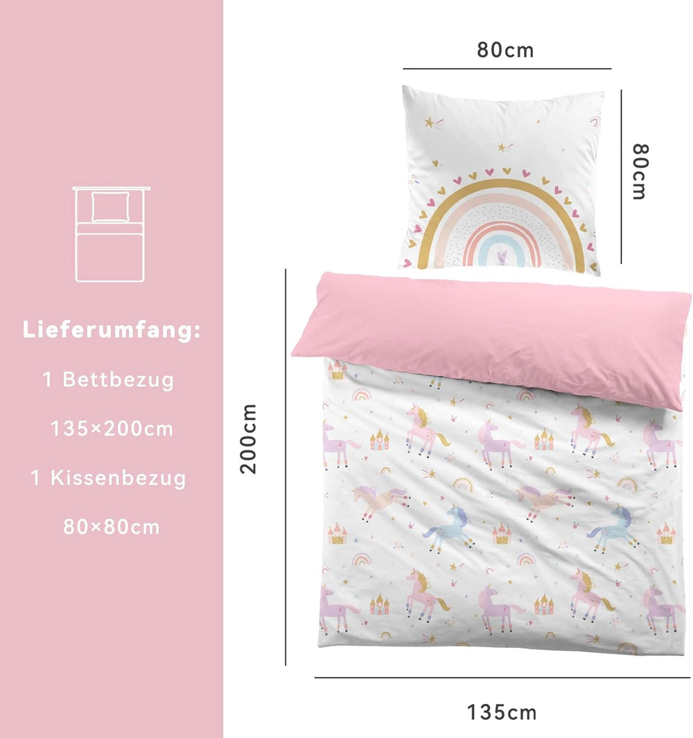 Fekohipy Bettwäsche 135X200 Mädchen Einhorn Kinderbettwäsche Rosa 3D-Druck Mikrofaser Regenbogen Kinder Bettbezug Mit Zwißwerfer Und 1 Kissenbezug 80X80Cm 2-Teilige Kinderbettwäsche-Set Naty Shop