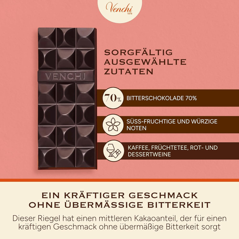 Venchi - Cioccolato fondente 70%, 78 g - Con miscele di cacao selezionate - Senza glutine - Vegan