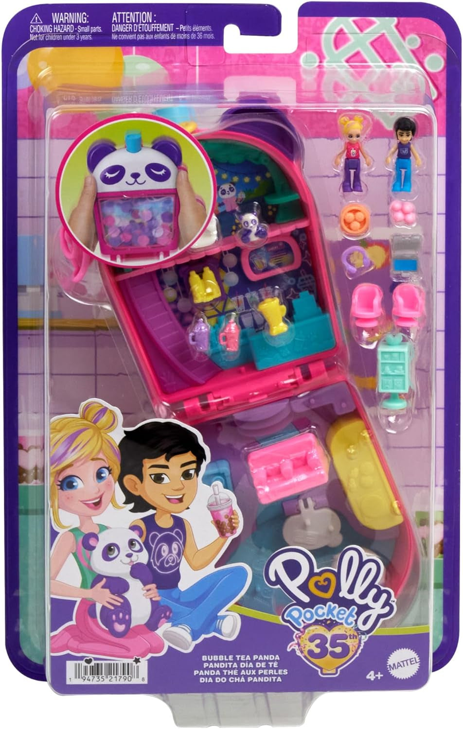 Polly Pocket păpuși și set de joacă, Bubble Tea Panda Box, jucărie pentru animale cu 2 păpuși mici, Panda și accesorii pentru mâncare, HWN95 Papusi Naty Shop