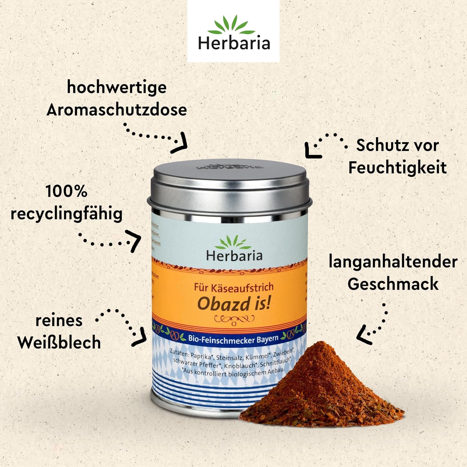 Herbaria Obazd lo è! bio 90g M-Dose – Bio-Gewürzmischung bayerischen Biergartenklassiker Obazda – per Brotaufstriche, Käsegerichte, Käsefondue – Raclette Gewürz - in nachhaltiger Aromaschutz-Dose