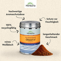 Herbaria Obazd lo è! bio 90g M-Dose – Bio-Gewürzmischung bayerischen Biergartenklassiker Obazda – per Brotaufstriche, Käsegerichte, Käsefondue – Raclette Gewürz - in nachhaltiger Aromaschutz-Dose