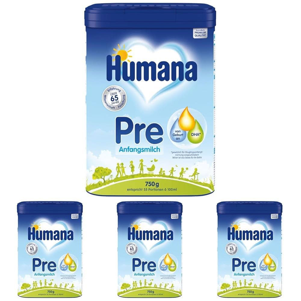 Human Milk Initial PRE, dalla nascita, latte in polvere per lattanti, solo con DHA e lattosio, 750 g Naty Shop 4 x 750 grammi Latte in polvere