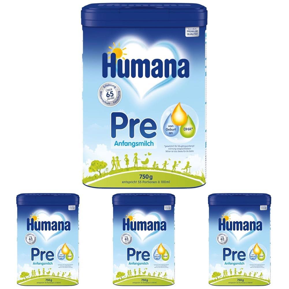 Human Milk Initial PRE, dalla nascita, latte in polvere per lattanti, solo con DHA e lattosio, 750 g Naty Shop 4 x 750 grammi Latte in polvere