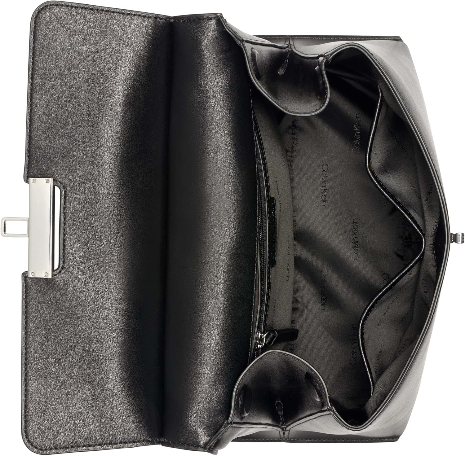 Calvin Klein Ladies Turn Lock Satchel - 2 în 1, piele vegană, 3 buzunare Becky Turnlock Geantă de umăr, negru/argintiu Genti Femei Naty Shop