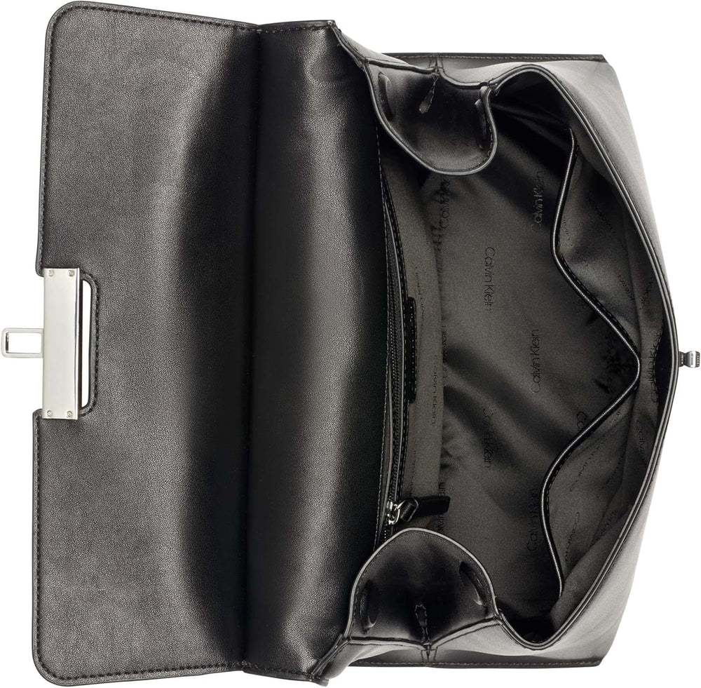 Calvin Klein Ladies Turn Lock Satchel - 2 în 1, piele vegană, 3 buzunare Becky Turnlock Geantă de umăr, negru/argintiu Genti Femei Naty Shop