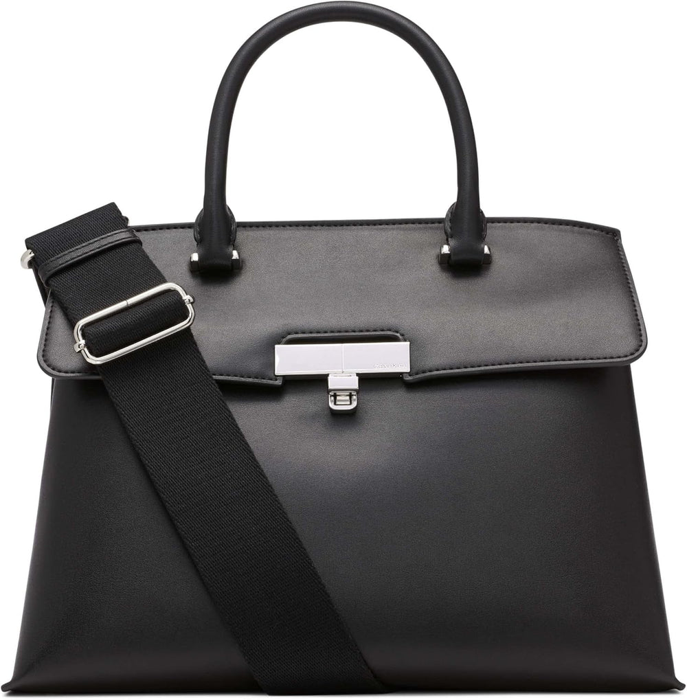 Calvin Klein Ladies Turn Lock Satchel - 2 în 1, piele vegană, 3 buzunare Becky Turnlock Geantă de umăr, negru/argintiu Genti Femei Naty Shop Titlu implicit