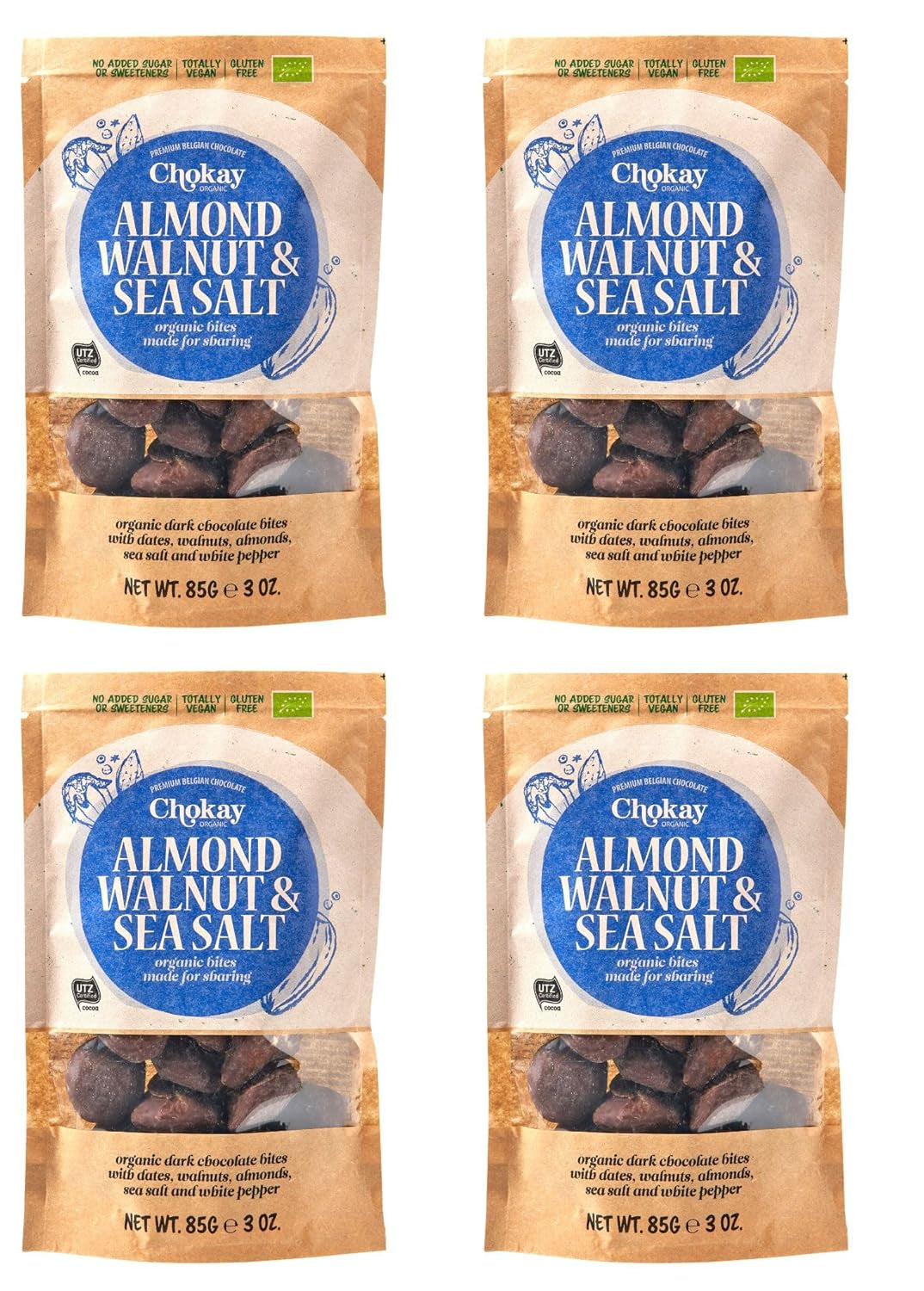 Set di 4 bocconcini biologici - Mandorle alla cannella/Mandorle alla cannella in cioccolato fondente belga/Senza zuccheri aggiunti, senza dolcificanti/VEGAN e COMMERCIO EQUO / 4 x 85 g