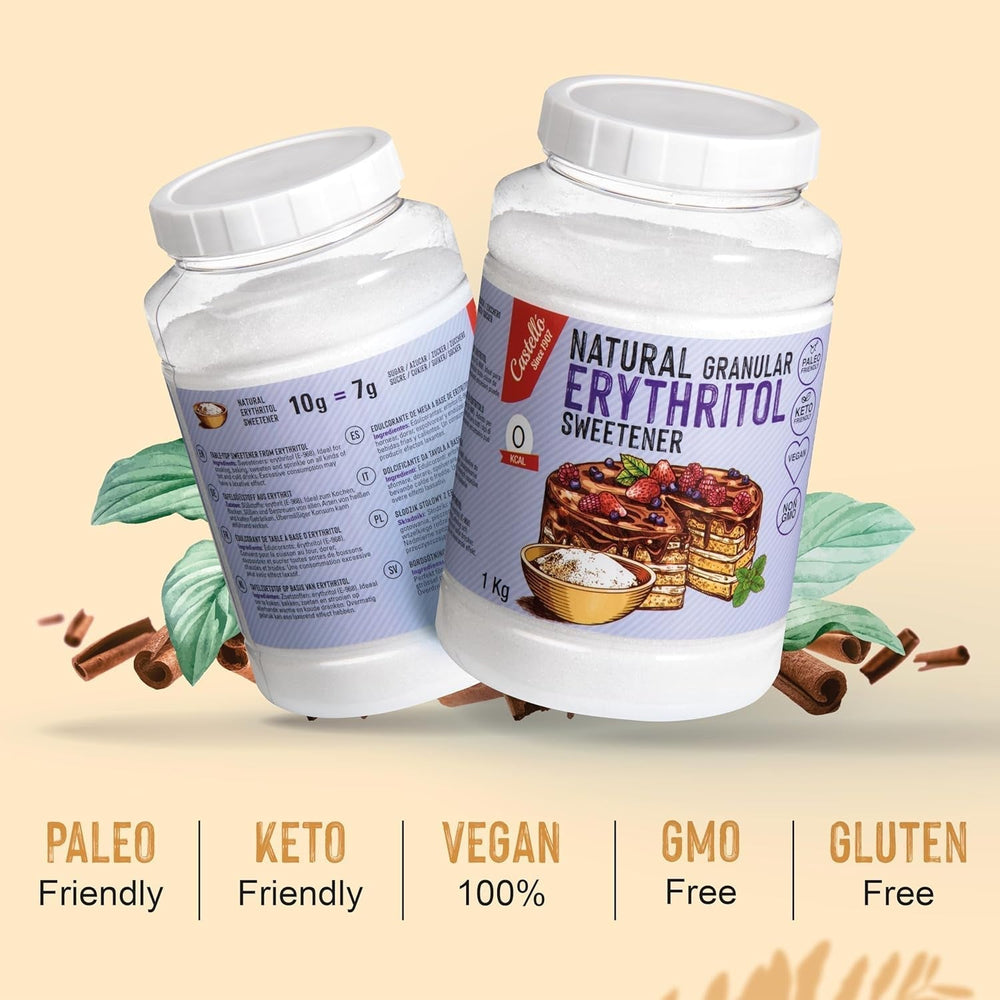 Natürliches Erythrit - Zucca di cristallo | 10G = 7GZucker | Natürlicher Zuckerersatz - 0 Kalorien - 0 Glykämischer Index - Keto Und Paleo - 0 Netto-Kohlenoidrato - Kein GVO - Castello since 1907-1Kg Dolcificanti Naty Shop