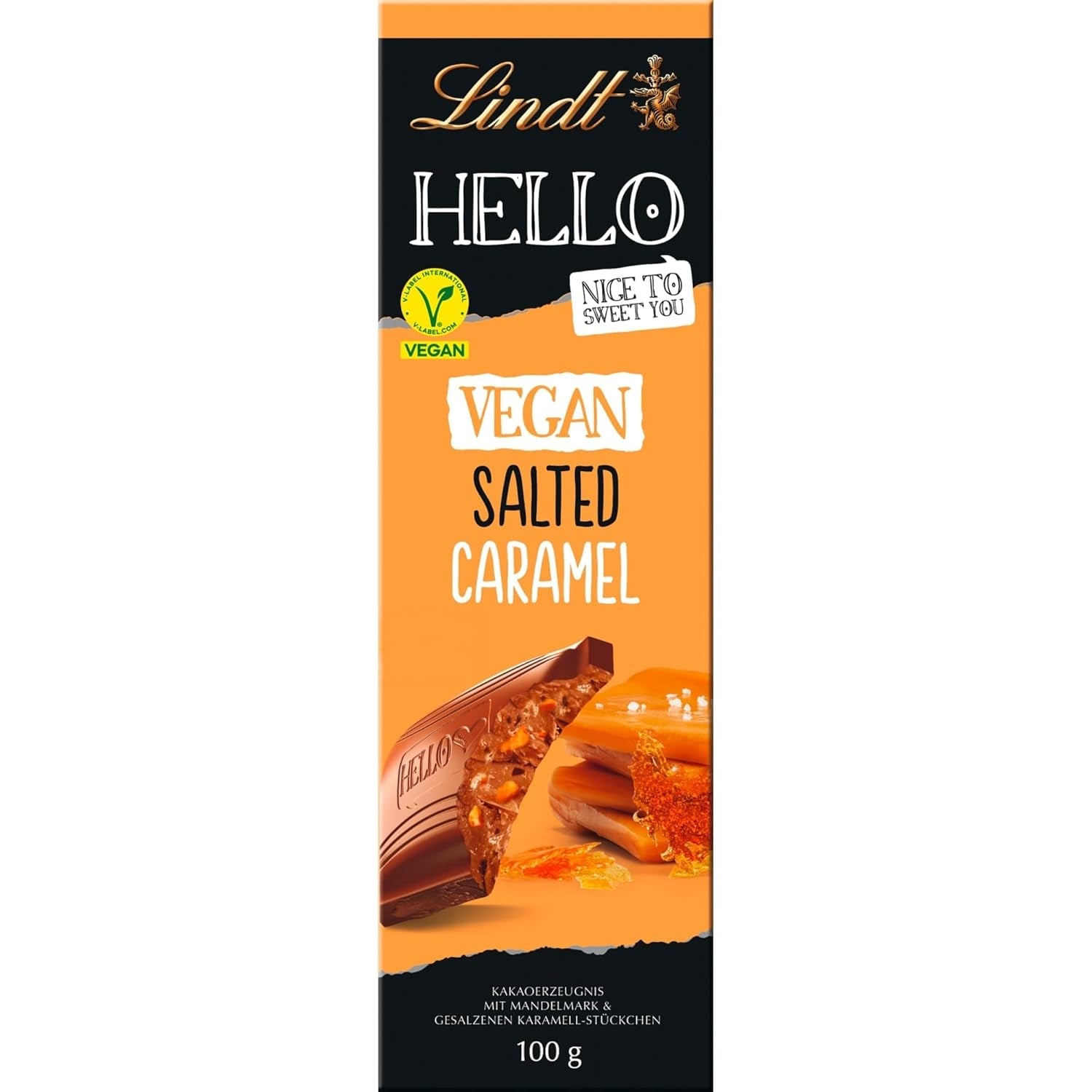 Lindt Schokolade HELLO Tafel Caramello Salato Vegano | 100 g Tafel | Vegano con kakao, mandelmark, zucchero filato e un piatto di sale | Schokoladengeschenk Naty Shop Volle Größe Caramello salato vegano