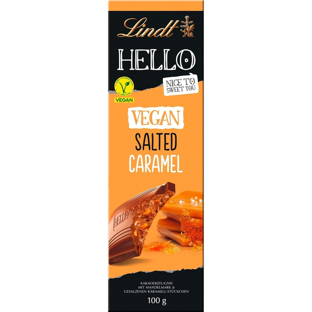 Lindt Schokolade HELLO Tafel Caramello Salato Vegano | 100 g Tafel | Vegano con kakao, mandelmark, zucchero filato e un piatto di sale | Schokoladengeschenk Naty Shop Volle Größe Caramello salato vegano