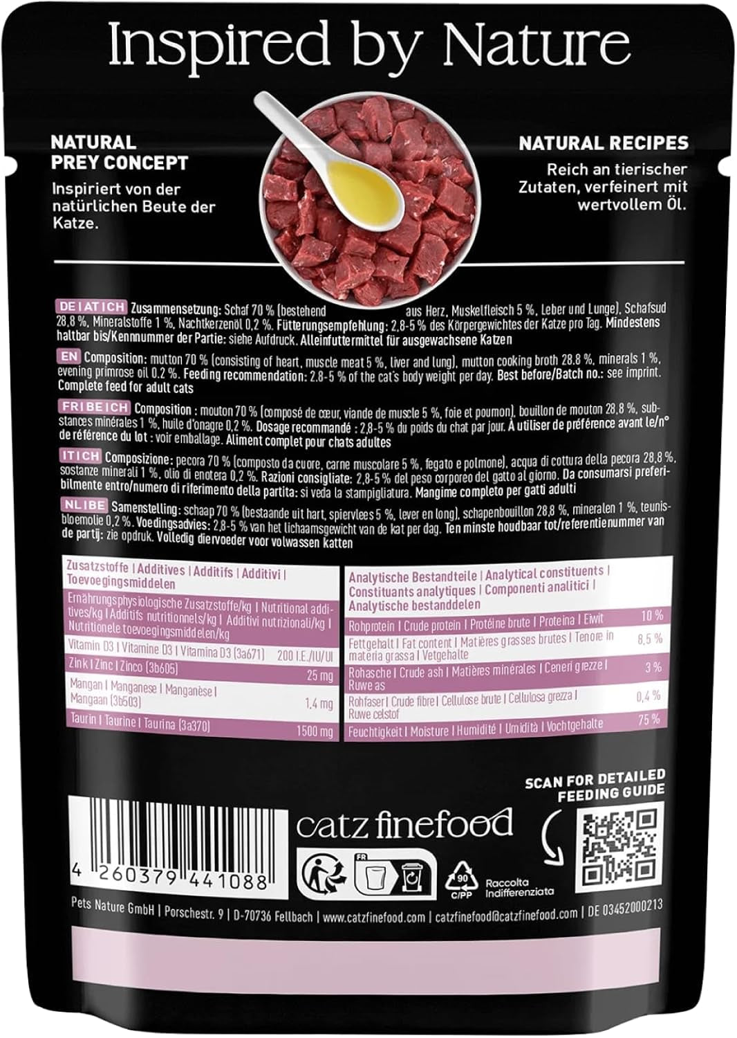 Hrană umedă pentru pisici Catz Finefood Purrrr Sheep Monoprotein nr. 113, pentru pisici cu digestie sensibilă, conținut de carne de 70%, 16 pliculețe a câte 85 g