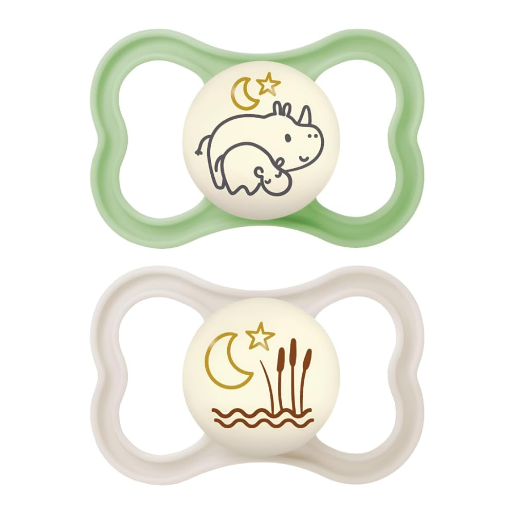 Suzetă MAM Air Night 6-16 luni (pachet de 2) Suzetă MAM 6-16 luni, strălucește în întuneric pentru pielea sensibilă, accesoriu pentru bebeluși pachet de 2 cu tetină din silicon și suport pentru suzetă, neutru/verde