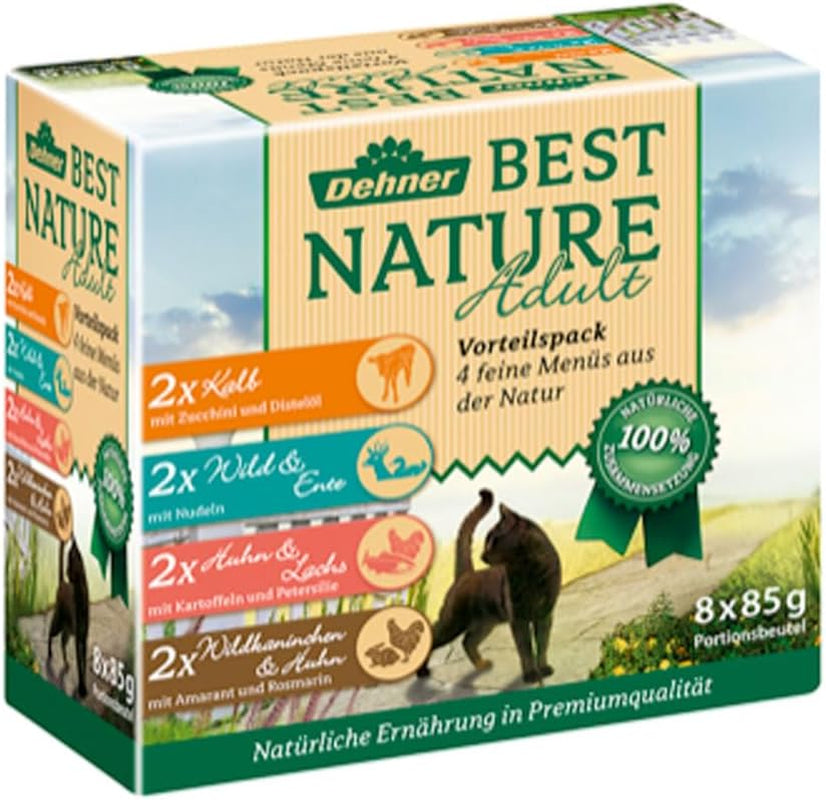 Dehner Best Nature Katzenfutter Multipack, Nassfutter, für ausgewachsene Katzen, je 2 x Kalb / Wild / Huhn / Kaninchen, 8 x 85 g Beutel (680 g)