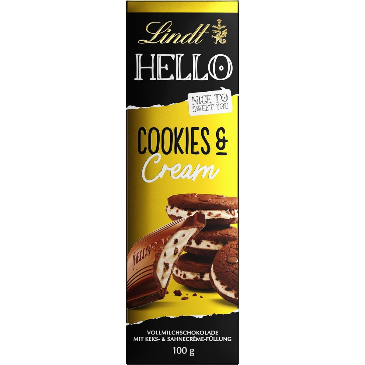 Lindt Hello Cookies & Cream Chocolate | Barretta 100g | Cioccolato al latte con biscotti e ripieno di crema | Tavoletta di cioccolato | Regalo di cioccolato