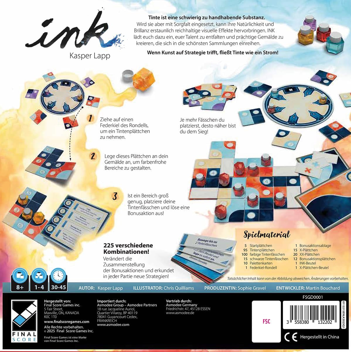 Asmodee, Ink, Final Score Games, Joc de familie strategic și artistic, 1 până la 4 jucători, vârste 8+, 30 până la 45 min, versiune germană