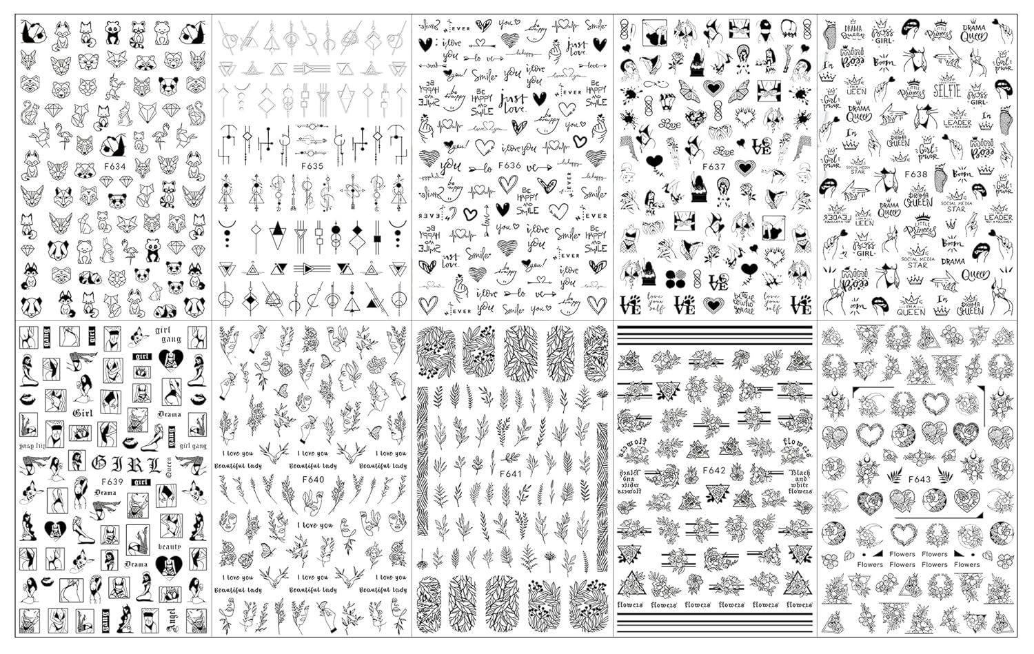 JMEOWIO Nagelsticker Geometrie 10 Blatt Nagelaufkleber Selbstklebend Schwarzes Herz Unregelmäßig Geformt Nail Art Sticker Dekoration Nageldesign Zubehör