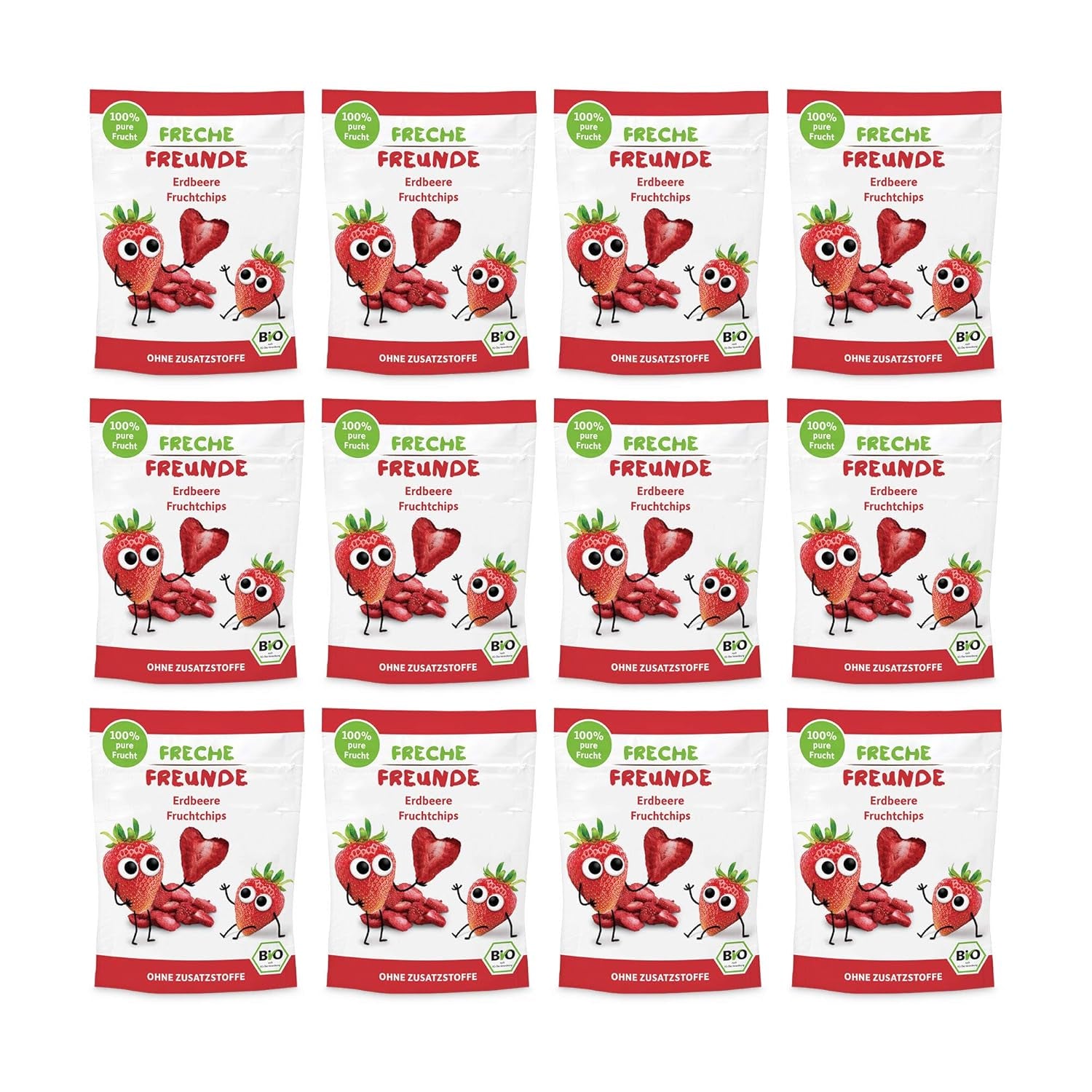 Patatine di frutta biologica "100% Fragola" Patatine di frutta alla fragola liofilizzata (12 x 12 g) e nuove frittelle croccanti di mais e carote biologiche, snack biologico, da 1 anno, (9 x 30 g) 270 g