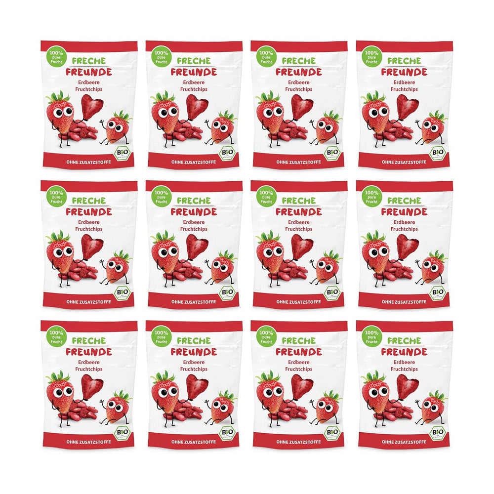 Patatine di frutta biologica "100% Fragola" Patatine di frutta alla fragola liofilizzata (12 x 12 g) e nuove frittelle croccanti di mais e carote biologiche, snack biologico, da 1 anno, (9 x 30 g) 270 g