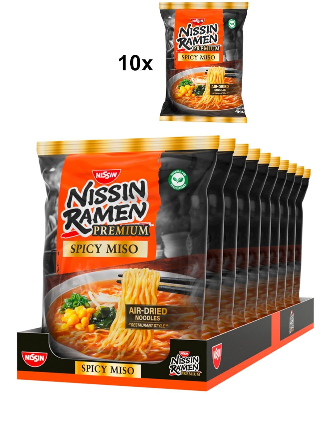 Nissin Ramen Premium - Confezione da 10 noodles istantanei al miso piccante in stile giapponese per ramen in stile "ristorante" con un sapore leggermente piccante di miso e scaglie di wakame (10 x 90,7 g)