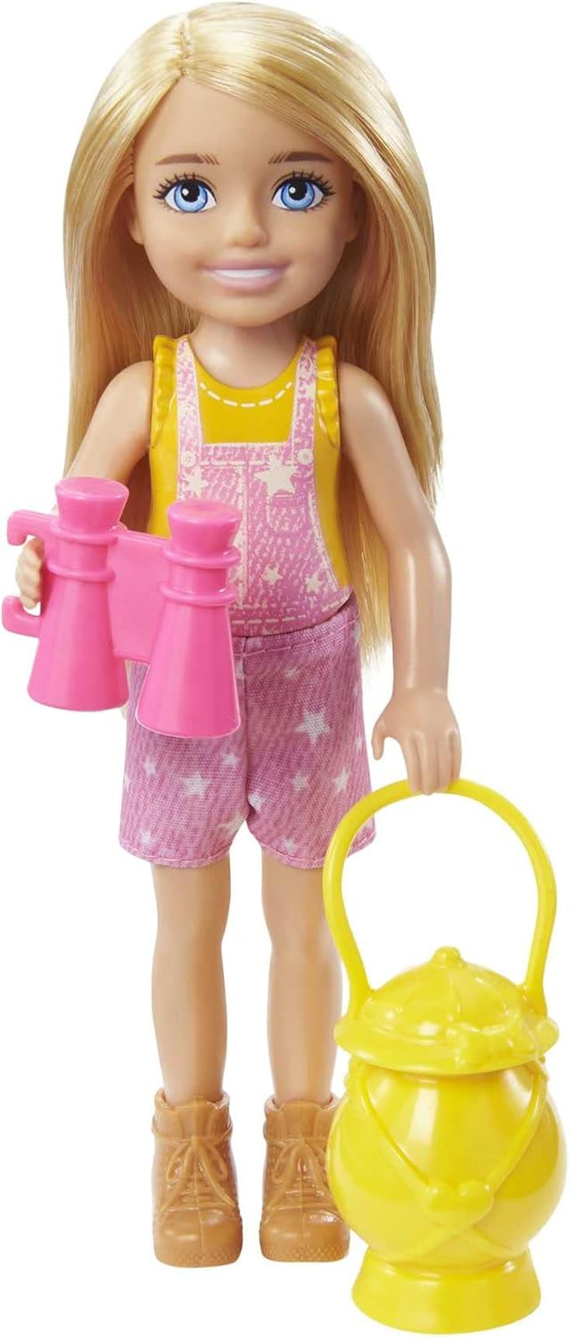 Seria Barbie Chelsea, Păpușă Chelsea Camping cu păr blond, Bufniță de companie, Sac de dormit, Pernă, Lanternă, Binoclu, Accesorii de camping, Cadou pentru copii, Jucărie pentru vârsta de 3 ani și peste, HDF77