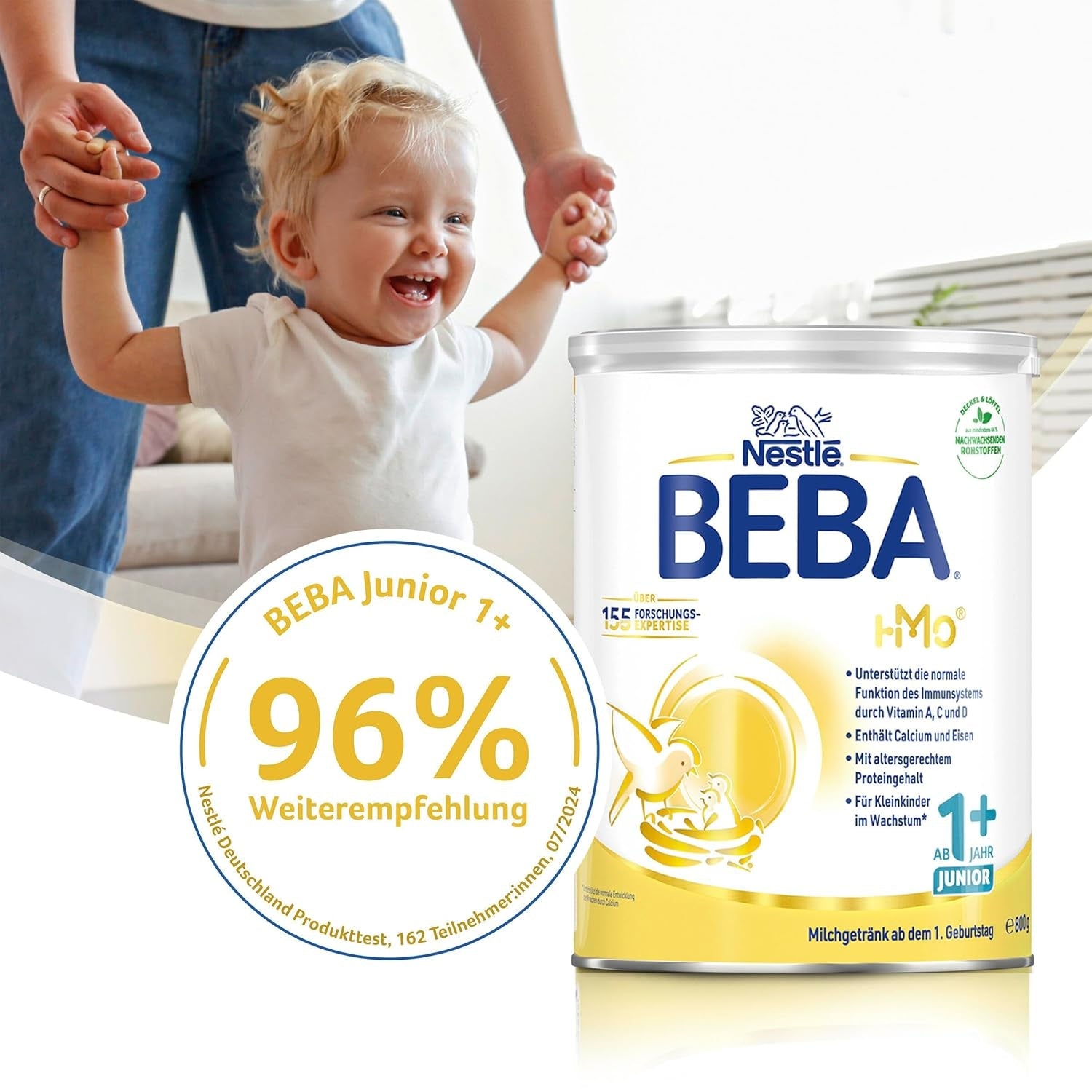 Băutură cu lapte BEBA Junior 1+ de la 1 an, Cu HMO, Conținut de proteine adaptat vârstei, Numai lactoză, Fără ulei de palmier, Fără ulei de pește, Hrană pentru copii mici, Lapte praf pentru bebeluși, Pachet de 6 (6 x 800g)