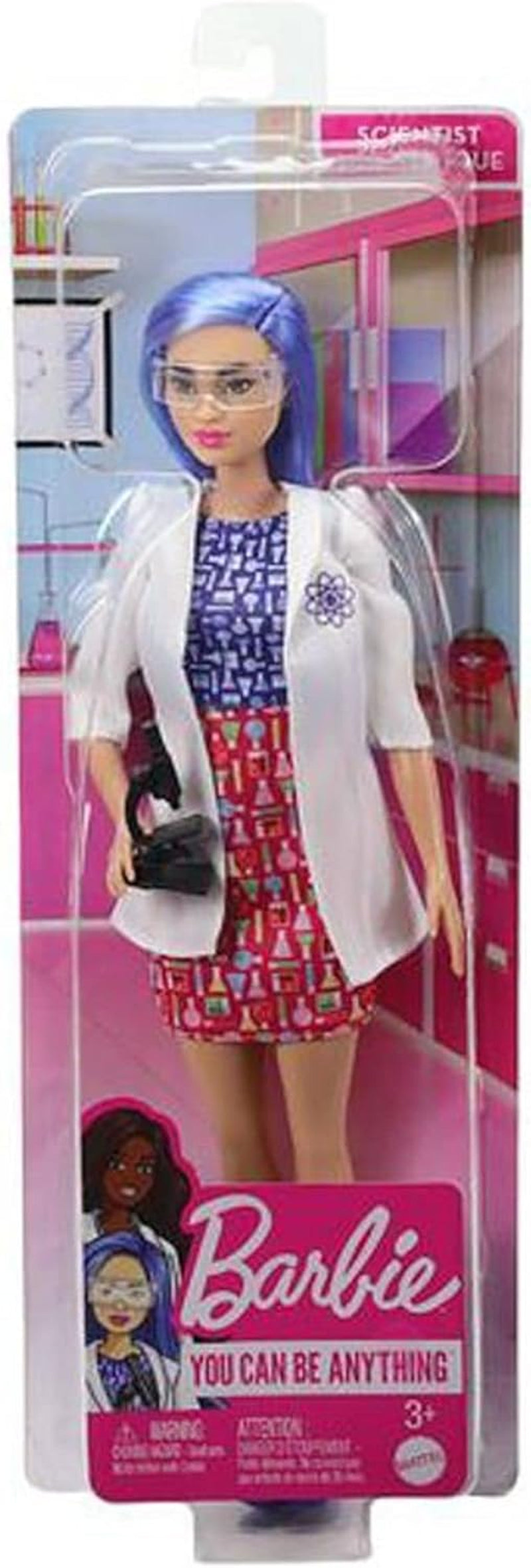 Barbie You Can Be Anything Serie, Wissenschaftlerin, Wissenschaftler Puppe mit blauen Haaren, Laborkittel, Mikroskop, Schutzbrille, Zubehör, inkl Puppe, als Geschenk geeignet