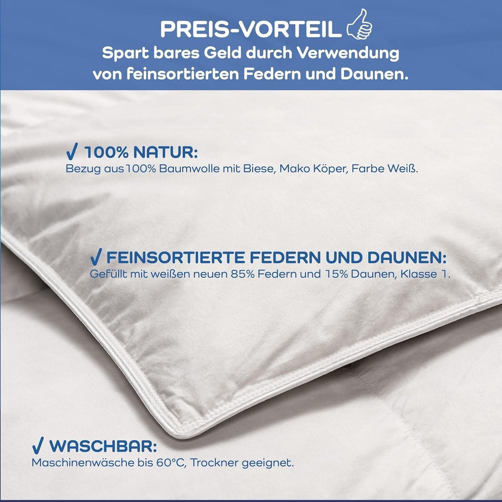 Allnights - Plapumă confortabilă medie, 135X200, 100% pene noi și puf, potrivită pentru alergici, lavabilă până la 60°C, fabricată în Germania, alb Plapumi si pilote Naty Shop