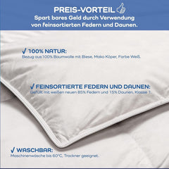 Allnights - Plapumă confortabilă medie, 135X200, 100% pene noi și puf, potrivită pentru alergici, lavabilă până la 60°C, fabricată în Germania, alb Plapumi si pilote Naty Shop