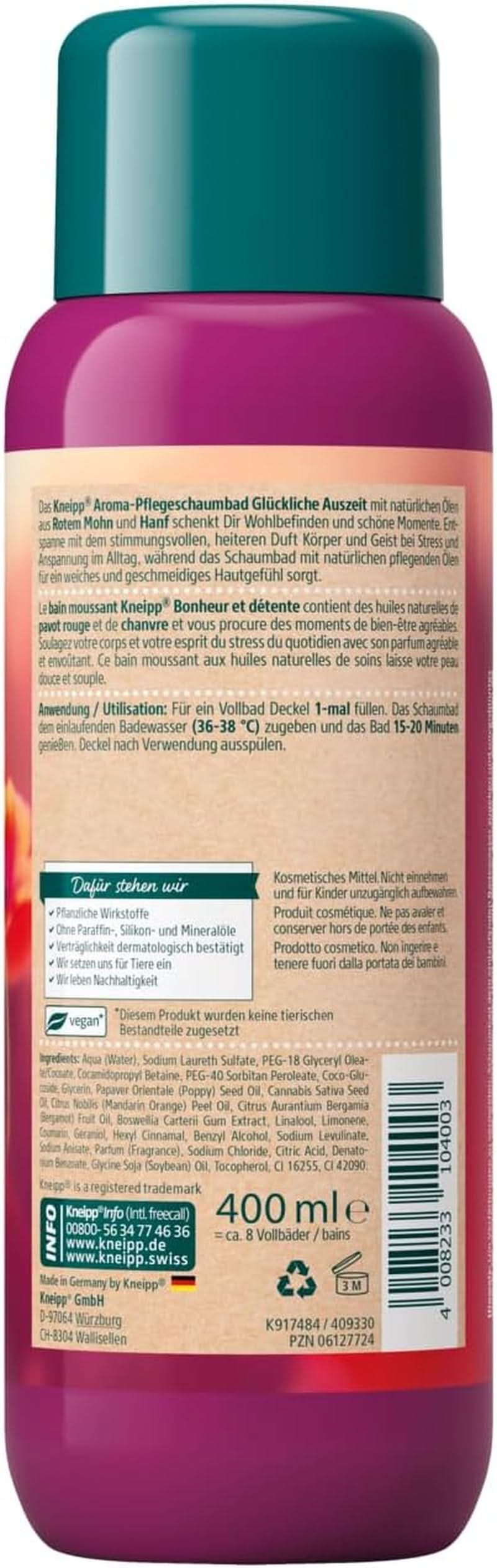 Aroma Kneipp, bagnoschiuma Happy Time Out - con oli naturali di papavero rosso e canapa, 400 ml Naty Shop