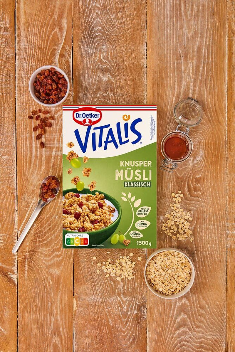 Dr. Oetker Vitalis Classic Crispy Muesli: confezione grande di muesli croccanti per la colazione con uvetta, 1 confezione, 1,5 kg