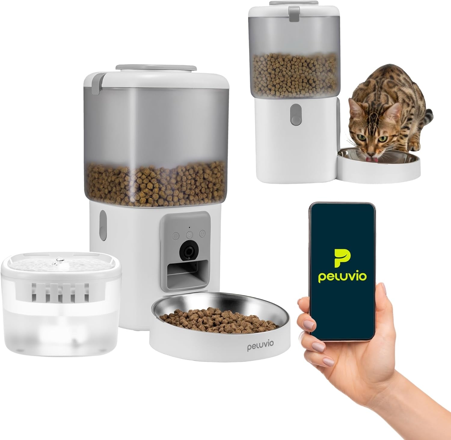 Feast Automatische Futterautomat Katze mit App und Kamera, Live-Video mit Nachtsicht und Zwei-Wege-Audio, Portionskontrolle, Edelstahl-Napf, Katzen Trinkbrunnen mit Filter, 4.5 l und 2.5 l