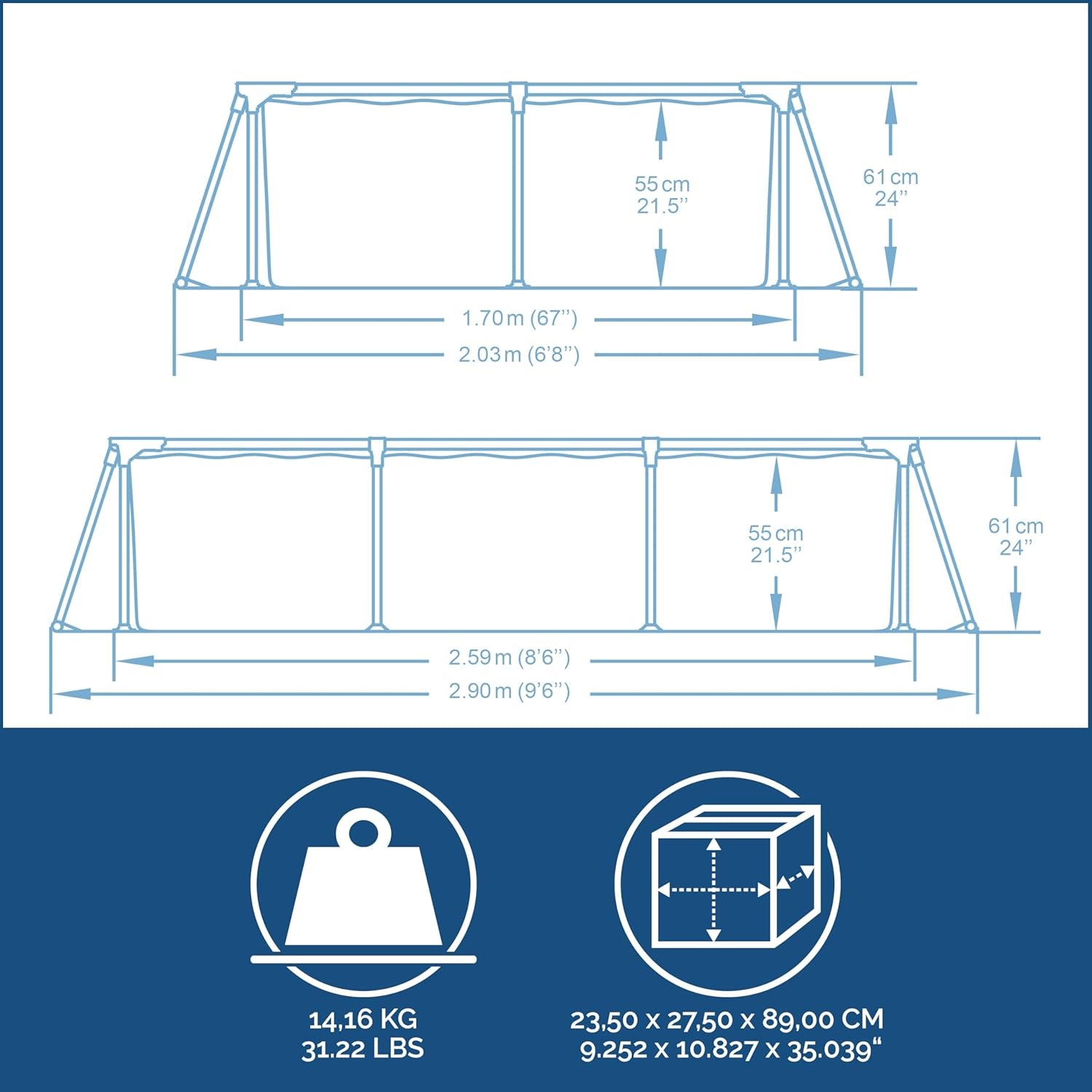 Piscina 2,59 mx 1,70 mx 61 cm / 8'6" x 67" x 24"