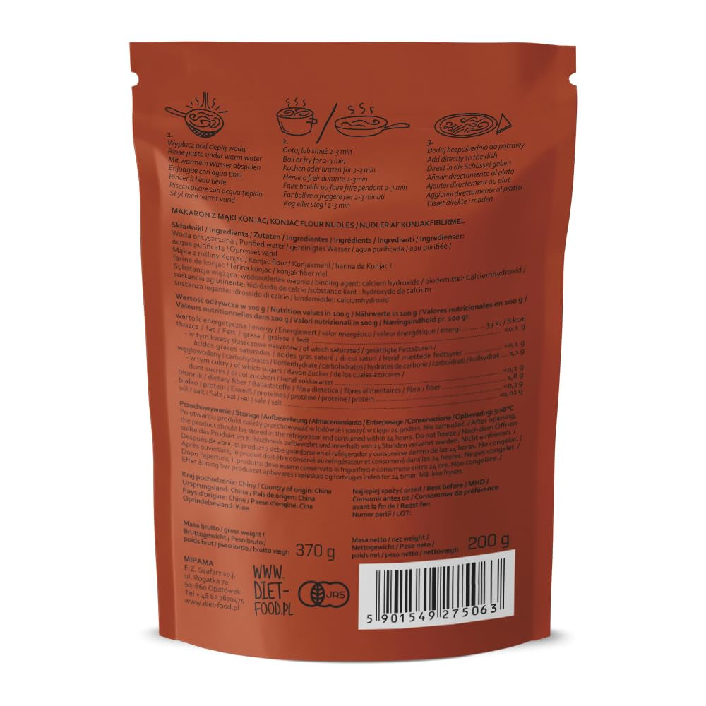 Tagliatelle Shirataki DIET-FOOD Tagliatelle Konjac a basso contenuto di carboidrati e a basso contenuto calorico Alimenti vegani Senza grassi Senza soia Senza glutine Tagliatelle dietetiche solubili in acqua a basso contenuto calorico 200 grammi