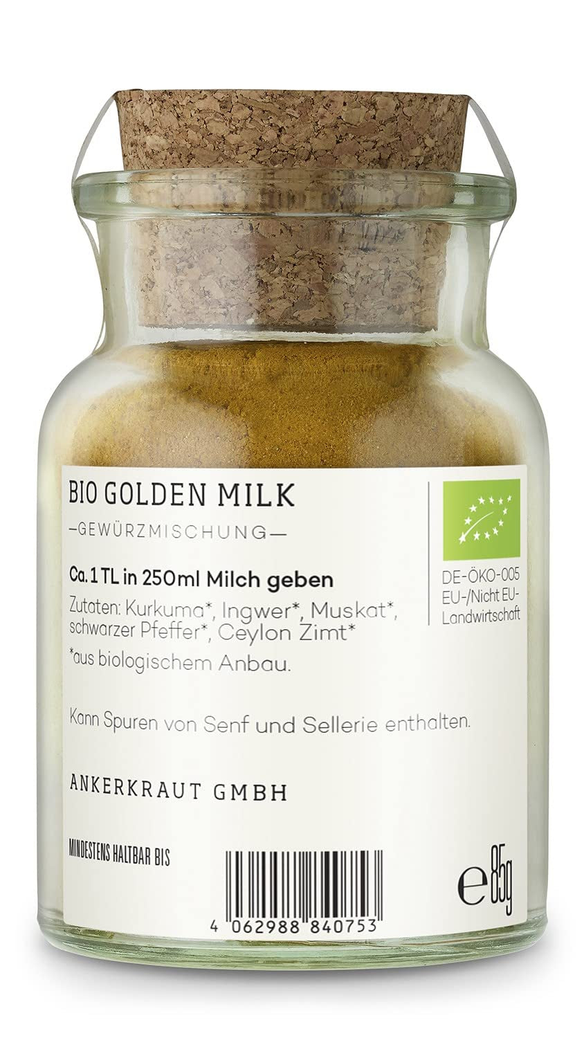 Ankerkraut Bio Golden Milk, Gewürz für goldene Milch, con curcuma, Zimt und Ingwer, 75 g in bicchiere di sughero