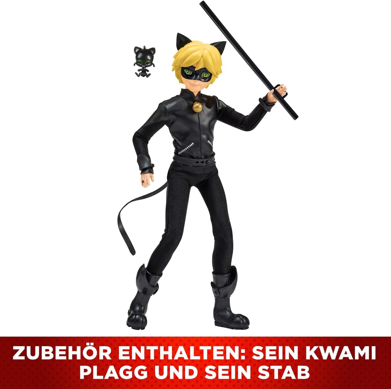 BANDAI - Miraculous Ladybug - Păpușă Manechin 26 cm - Motan Noir - Licență Oficială Miraculous - Păpușă Articulată Motan Noir - Jucărie pentru copii cu vârsta de 4 ani și peste - P50002