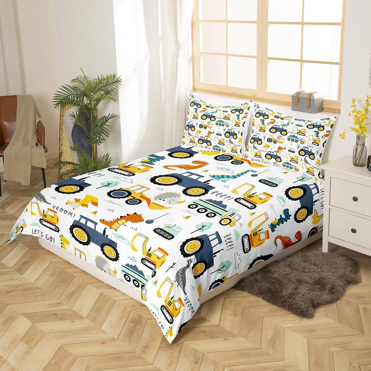 Jungen Cartoon Car Set biancheria da letto 135X200,Kinder Bau Fahrzeuge Tröster Abdeckung Für Kind Kleinkind Teens,Dinosaurier Bettbezug,Traktor Maschinerie Bagger Bettdecke Abdeckung,Lkw Autos Bettdecke Naty Shop